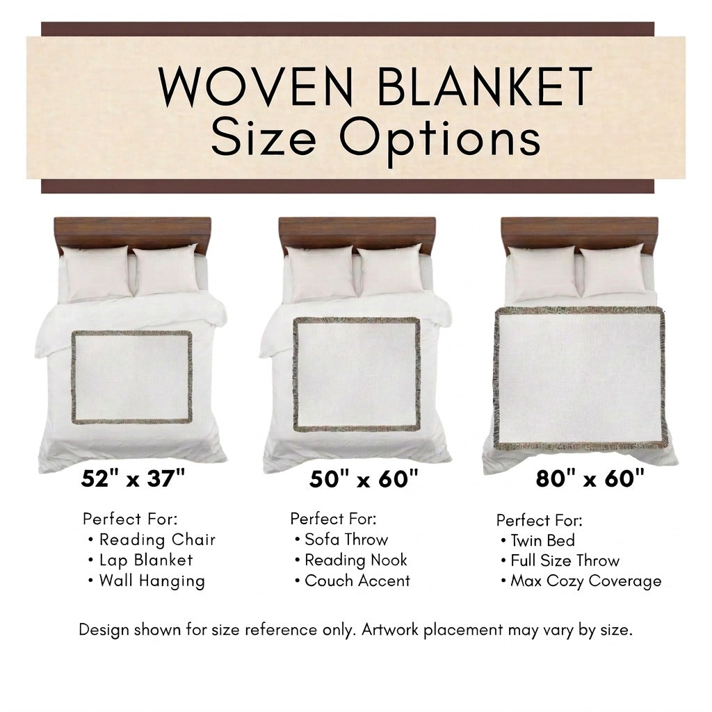 Size options chart for a woven blanket, showing three bedding mockups labeled 52" x 37", 50" x 60", and 80" x 60" with text describing each size and suggested furniture or bed uses.