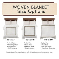 Size options chart for a woven blanket, showing three bedding mockups labeled 52" x 37", 50" x 60", and 80" x 60" with text describing each size and suggested furniture or bed uses.