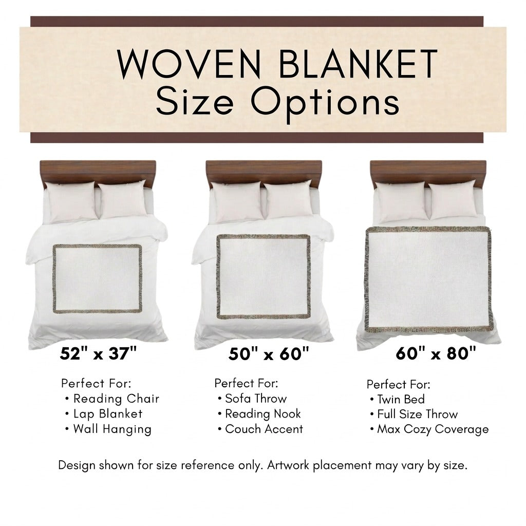 Size options chart for a woven blanket, showing three bedding mockups labeled 52" x 37", 50" x 60", and 60" x 80" with text describing each size and suggested furniture or bed uses.