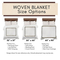 Size options chart for a woven blanket, showing three bedding mockups labeled 52" x 37", 50" x 60", and 60" x 80" with text describing each size and suggested furniture or bed uses.
