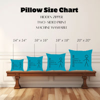 The image shows a "Pillow Size Chart" featuring four square pillows with this image displayed on a wooden bench against a white paneled wall. Pillow sizes range from 14" x 14" to 20" x 20". Also mentioned are a hidden zipper, two-sided print, and machine-washable.