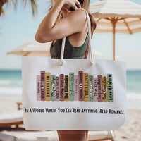 The tote bag is being modeled by a woman in a green tank top, standing on the beach, wearing it over her shoulder.


