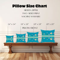 The image shows a "Pillow Size Chart" featuring four square pillows with this image displayed on a wooden bench against a white paneled wall. Pillow sizes range from 14" x 14" to 20" x 20". Also mentioned are a hidden zipper, two-sided print, and machine-washable.