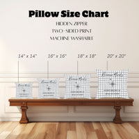 The image shows a "Pillow Size Chart" featuring four square pillows with this image displayed on a wooden bench against a white paneled wall. Pillow sizes range from 14" x 14" to 20" x 20". Also mentioned are a hidden zipper, two-sided print, and machine-washable.