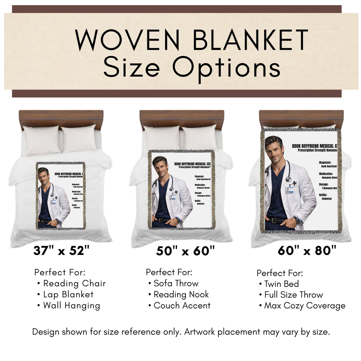 Woven blanket size chart showing 37x52, 50x60, and 60x80 inch blanket options for romance readers