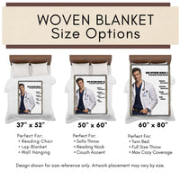 Woven blanket size chart showing 37x52, 50x60, and 60x80 inch blanket options for romance readers