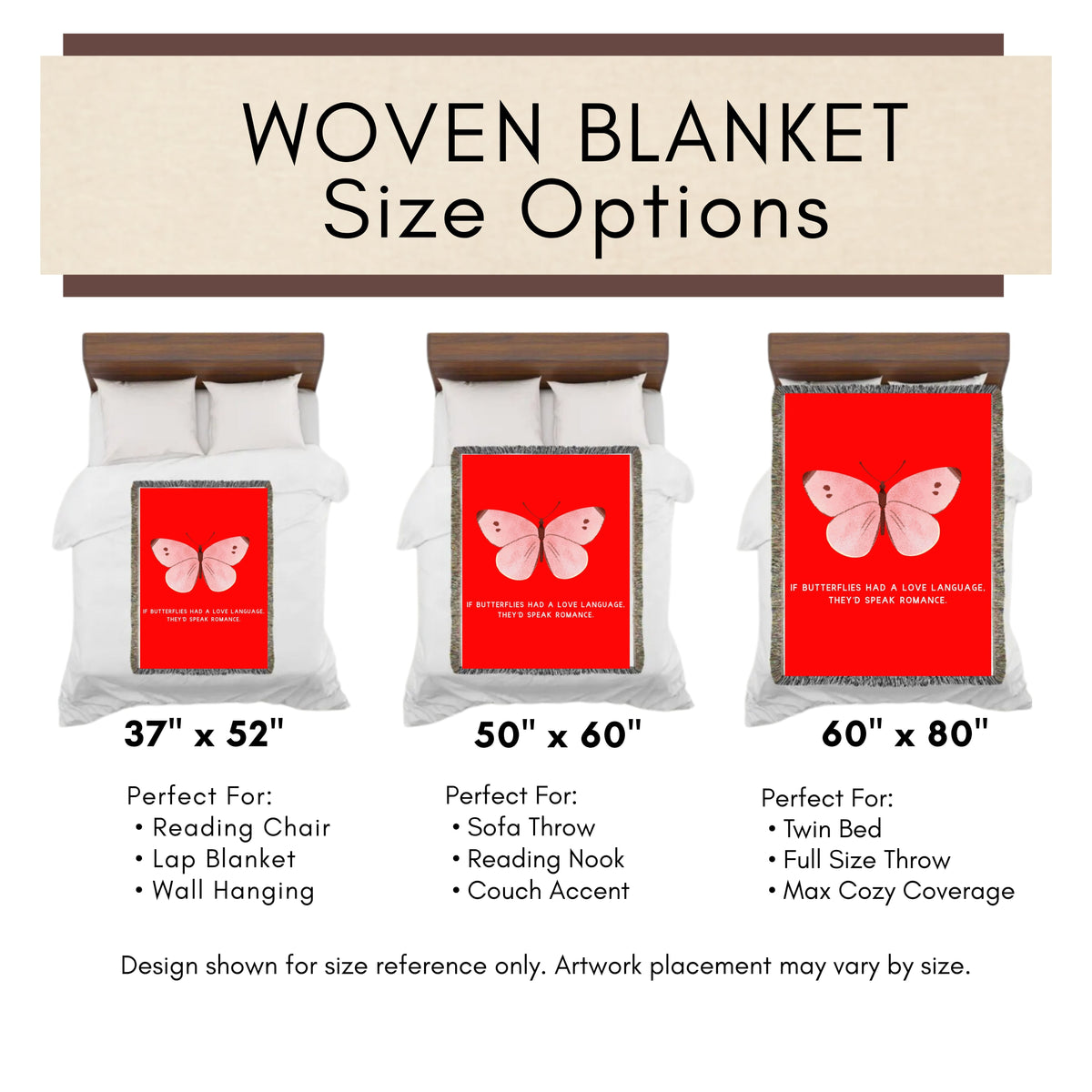 Woven blanket size options with butterfly design on a white background