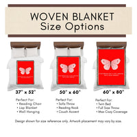 Woven blanket size options with butterfly design on a white background