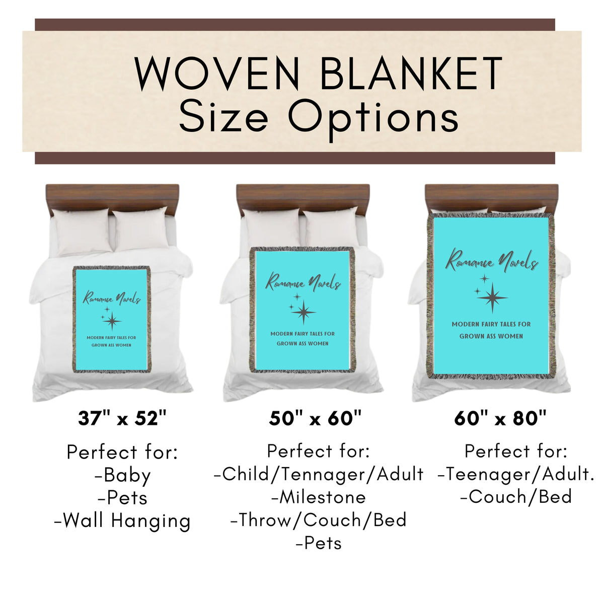Sizing guide showing three blanket sizes with miniature beds and mini blankets.