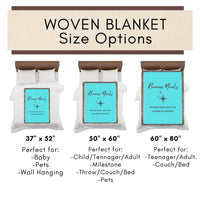 Sizing guide showing three blanket sizes with miniature beds and mini blankets.