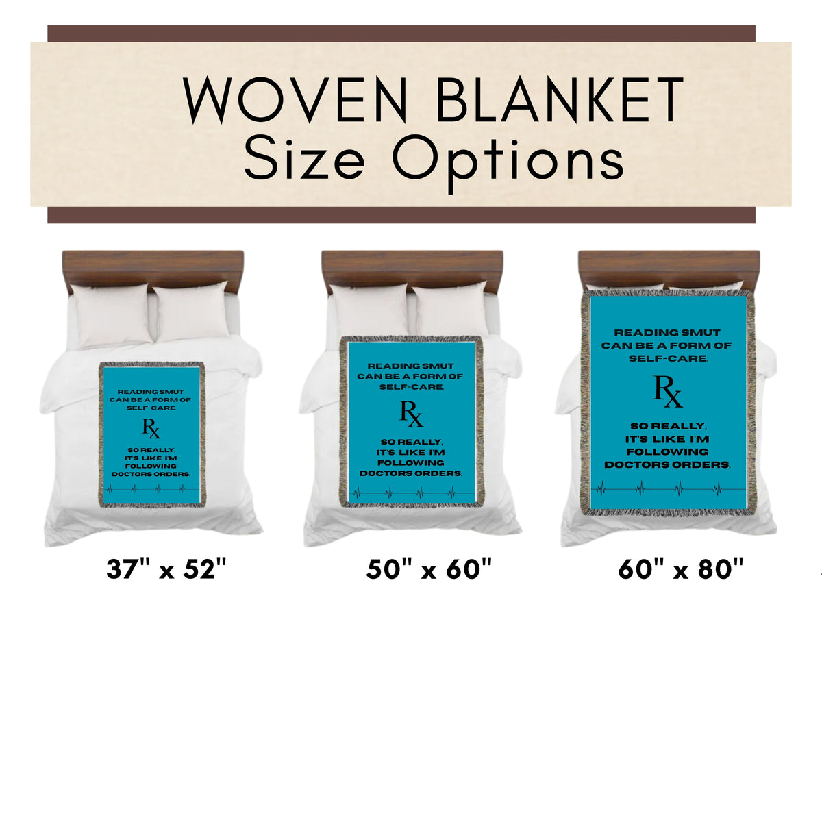 This is an image showing the three size options using miniature beds and miniature versions of the banket on the corresponding sized bed. The size options are 37" x 52", 50" x 60" and 60" x 80".