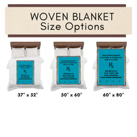 This is an image showing the three size options using miniature beds and miniature versions of the banket on the corresponding sized bed. The size options are 37" x 52", 50" x 60" and 60" x 80".