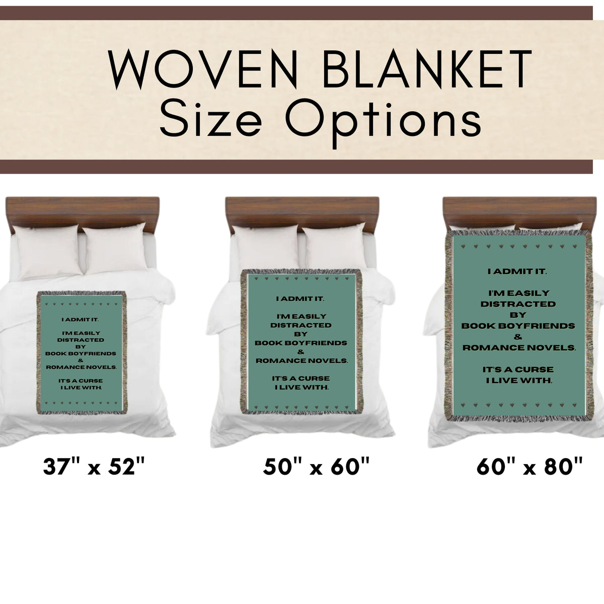 This is an image showing the three size options using miniature beds and miniature versions of the banket on the corresponding sized bed. The size options are 37" x 52", 50" x 60" and 60" x 80".