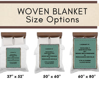 This is an image showing the three size options using miniature beds and miniature versions of the banket on the corresponding sized bed. The size options are 37" x 52", 50" x 60" and 60" x 80".