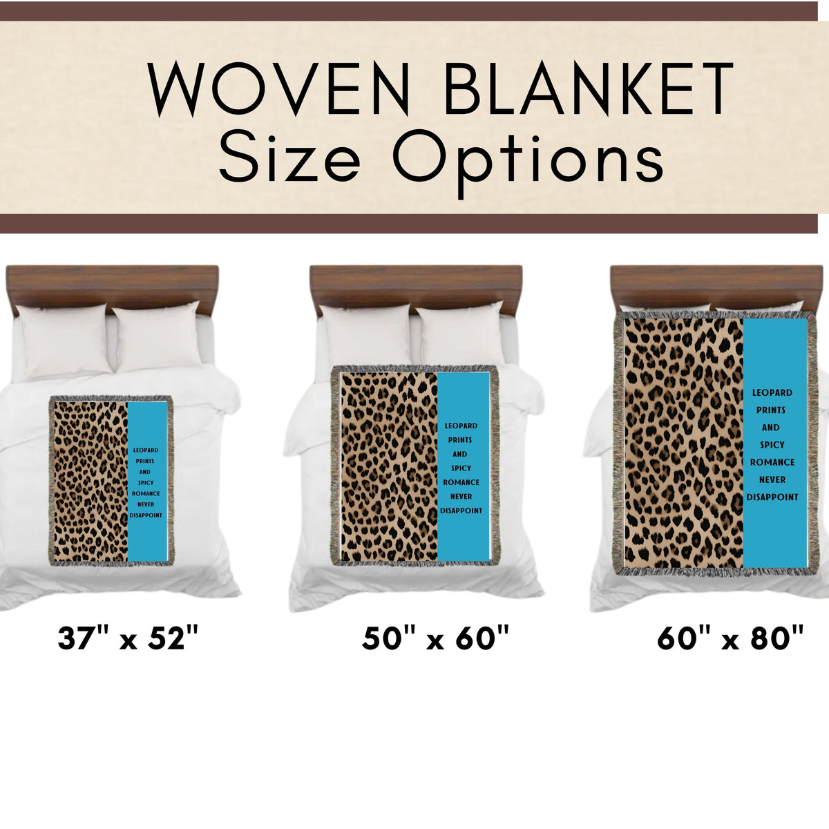 This is an image showing the three size options using miniature beds and miniature versions of the banket on the corresponding sized bed. The size options are 37" x 52", 50" x 60" and 60" x 80".