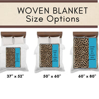 This is an image showing the three size options using miniature beds and miniature versions of the banket on the corresponding sized bed. The size options are 37" x 52", 50" x 60" and 60" x 80".