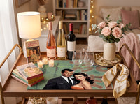 Romance-reader cotton accent mat displayed on a stylish bar cart with wine bottles, vintage romance novels, candles, flowers, and decorative accessories. Bookish home decor featuring retro romance artwork designed for bar carts, reading nooks, and cozy spaces.