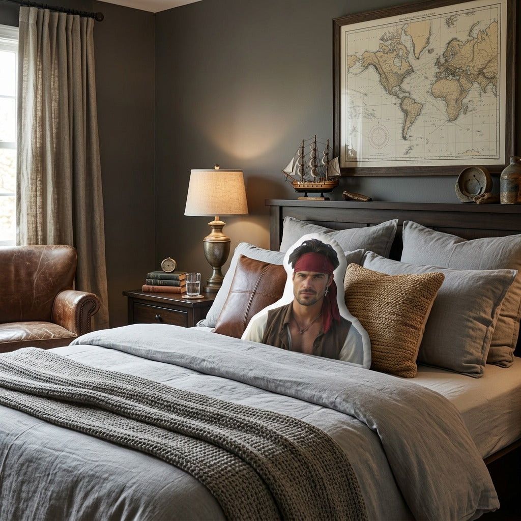 A bed in a styled bedroom with gray bedding, brown leather accents, a bedside lamp, and a framed world map on the wall. A pirate-themed pillow featuring a printed portrait of a man in a bandana is propped against the headboard.