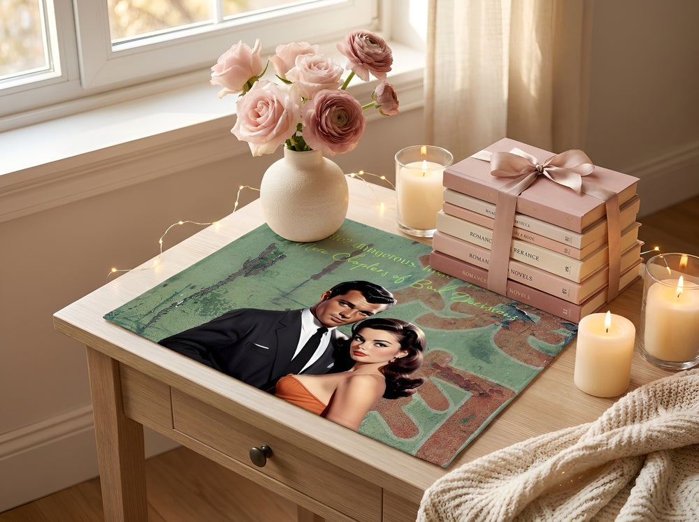 Funny cotton accent mat for romance readers styled on a bedside table with candles, flowers, decorative books, and cozy bedroom decor. Vintage-inspired bookish home decor featuring retro romance artwork designed for nightstands, vanities, reading nooks, and personal spaces.