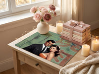 Funny cotton accent mat for romance readers styled on a bedside table with candles, flowers, decorative books, and cozy bedroom decor. Vintage-inspired bookish home decor featuring retro romance artwork designed for nightstands, vanities, reading nooks, and personal spaces.
