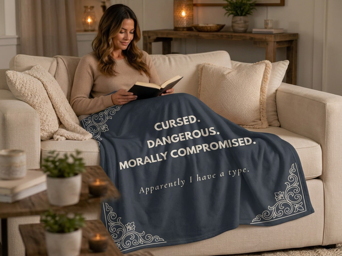 Woman reading on a sofa while wrapped in a slate gray sweatshirt blanket featuring the quote "Cursed. Dangerous. Morally Compromised. Apparently I have a type." in a cream colored font.