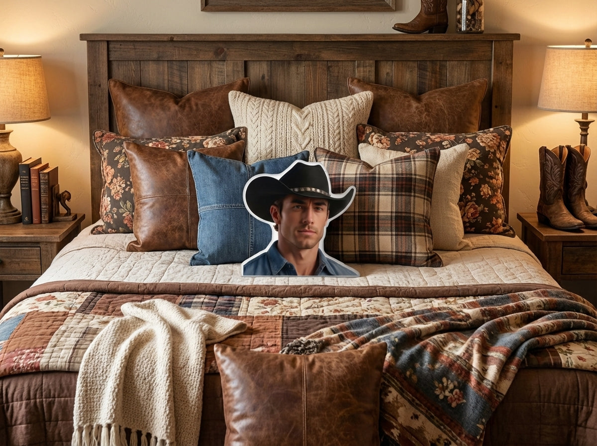 Rustic Western-style bedroom featuring a wooden bed frame, layered neutral and plaid pillows, and a custom-shaped cowboy book boyfriend pillow placed at the center of the bed. Cozy romance reader bedroom decor with Western and farmhouse styling.