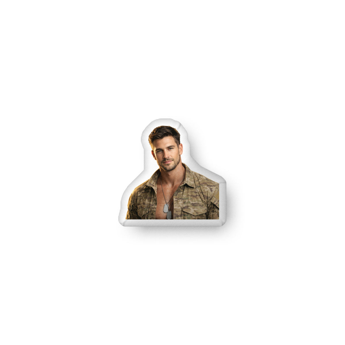 ProducDecorative throw pillow featuring a handsome military book boyfriend with short brown hair, light stubble, and dog tags, wearing a camouflage army shirt. Available in three sizes (10" x 10", 16" x 16", and 22" x 22") .t mockup