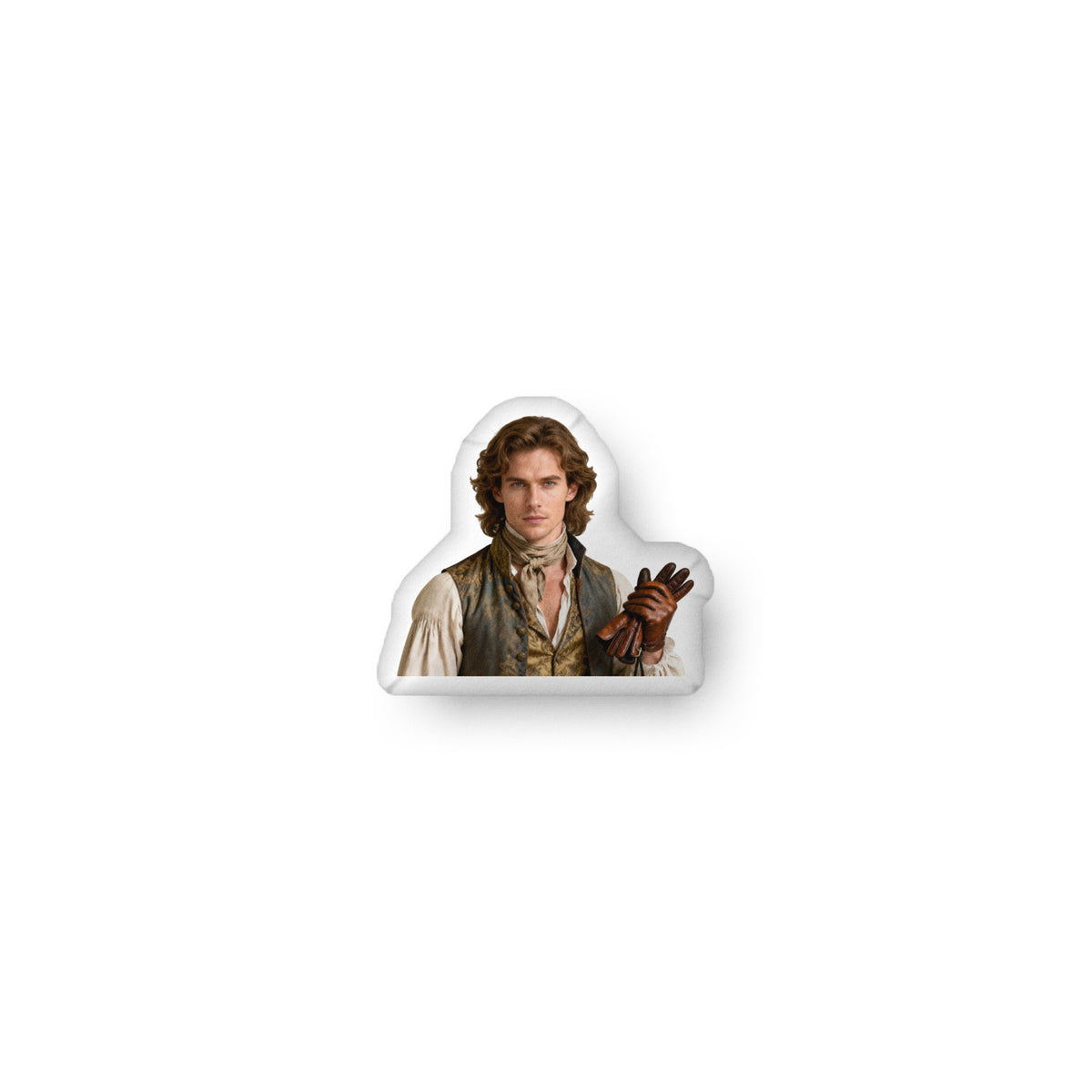 Custom-shaped book boyfriend pillow featuring a Regency-era gentleman with wavy brown hair, wearing a brocade waistcoat and cream shirt, holding leather gloves. Historical romance character styled as an intelligent, calculating aristocrat from Regency romance novels.Available in three sizes: 10″ × 10″, 16″ × 16″, and 22″ × 22″.