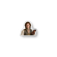 Custom-shaped book boyfriend pillow featuring a Regency-era gentleman with wavy brown hair, wearing a brocade waistcoat and cream shirt, holding leather gloves. Historical romance character styled as an intelligent, calculating aristocrat from Regency romance novels.Available in three sizes: 10″ × 10″, 16″ × 16″, and 22″ × 22″.