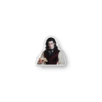 Custom-shaped gothic vampire book boyfriend decorative pillow featuring a pale, dark-haired aristocratic man holding a sealed letter, wearing a burgundy patterned vest and white shirt against a transparent background. Available in three sizes: 10″ × 10″, 16″ × 16″, and 22″ × 22″.