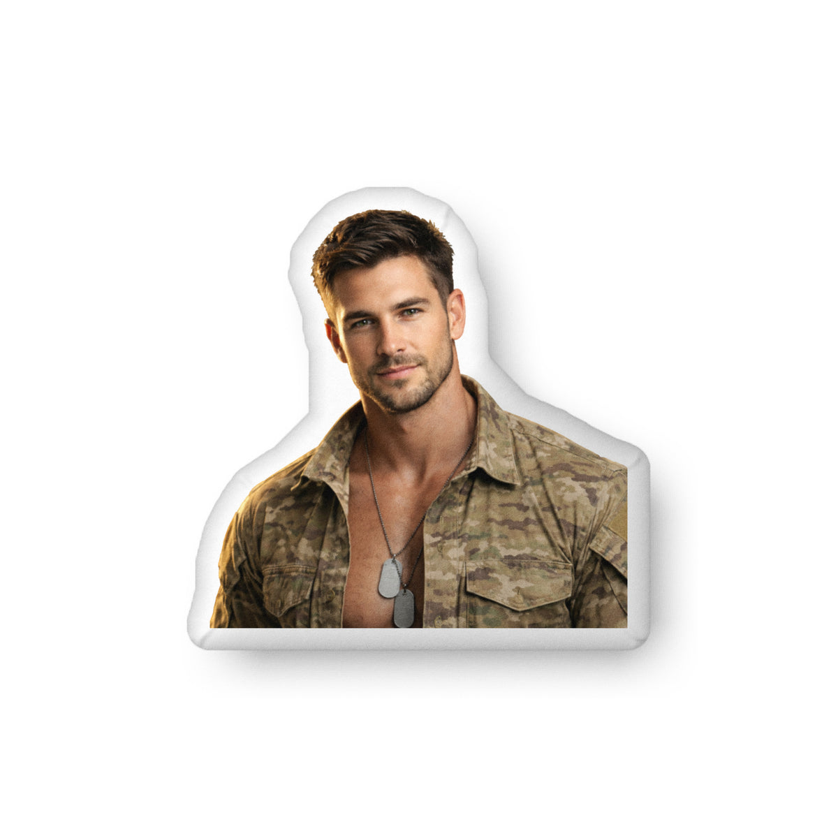 Decorative throw pillow featuring a handsome military book boyfriend with short brown hair, light stubble, and dog tags, wearing a camouflage army shirt. Available in three sizes (10" x 10", 16" x 16", and 22" x 22") .