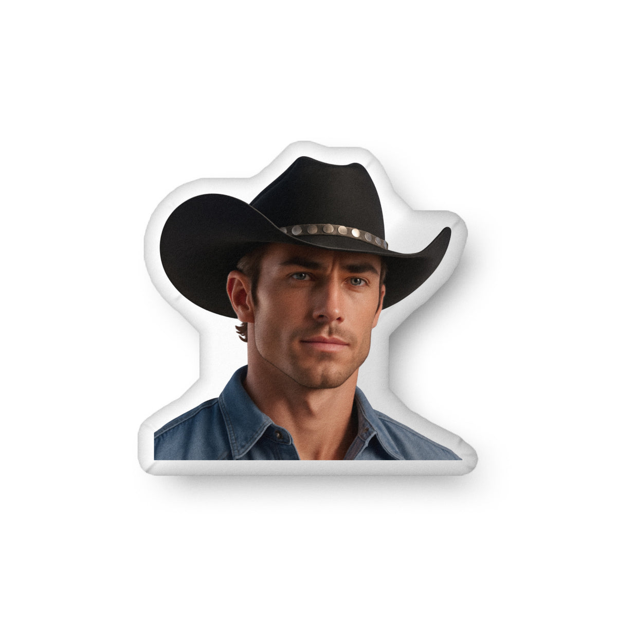 Custom-shaped book boyfriend pillow featuring a rugged cowboy with a black hat and denim shirt, styled as a Western romance character. Decorative pillow designed for romance readers who love cowboy and Western book boyfriends.oduct mockup. Available in three sizes: 10″ × 10″, 16″ × 16″, and 22″ × 22″.