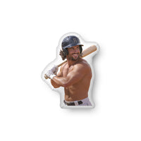 Decorative throw pillow featuring a handsome baseball book boyfriend with dark hair and an athletic build, wearing a batting helmet and holding a baseball bat, shirtless and smiling confidently.This sports romance decorative pillow for romance readers is available in three sizes (10" x 10", 16" x 16", and 22" x 22") for beds, couches, and reading chairs.