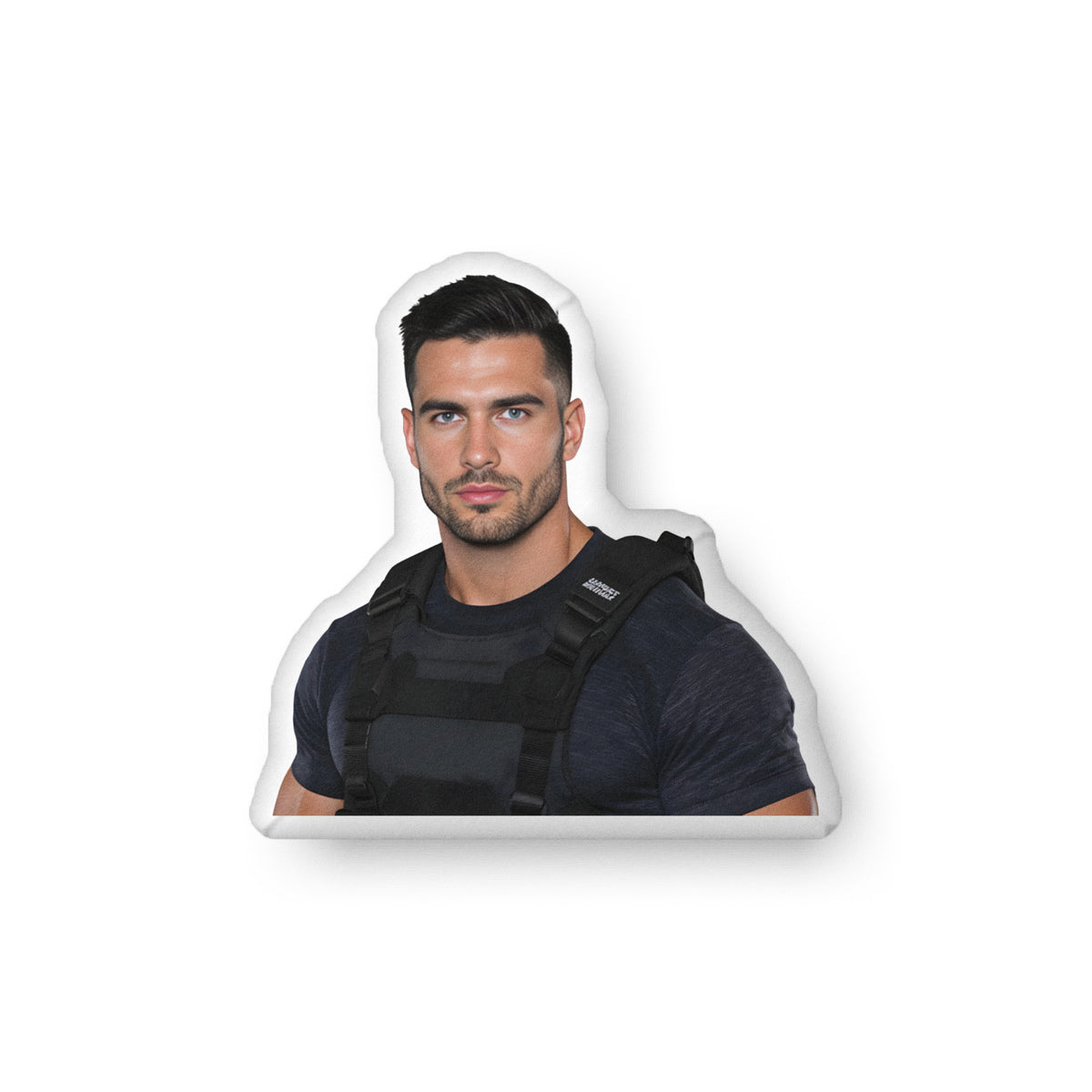Custom-shaped alpha protector book boyfriend pillow featuring a muscular modern romance hero in tactical gear, designed for romance readers and bold cozy home decor. Available in three sizes: 10″ × 10″, 16″ × 16″, and 22″ × 22″.