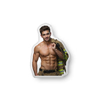 Custom shaped firefighter romance book boyfriend pillow featuring a muscular shirtless firefighter holding his jacket over his shoulder, designed for romance readers and bookish home decor. Available in three sizes: 10″ × 10″, 16″ × 16″, and 22″ × 22″.