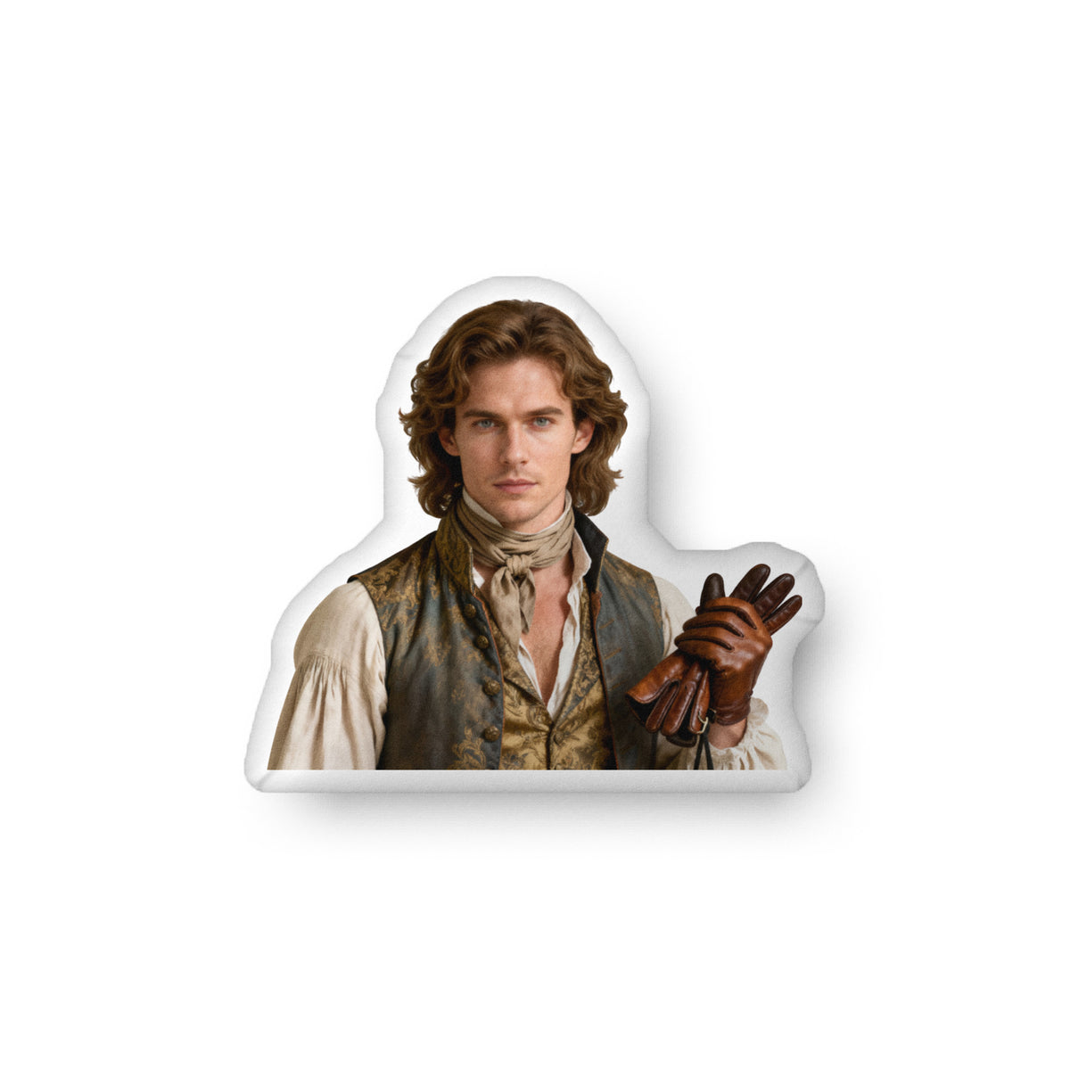 ProduCustom-shaped book boyfriend pillow featuring a Regency-era gentleman with wavy brown hair, wearing a brocade waistcoat and cream shirt, holding leather gloves. Historical romance character styled as an intelligent, calculating aristocrat from Regency romance novels.Available in three sizes: 10″ × 10″, 16″ × 16″, and 22″ × 22″.