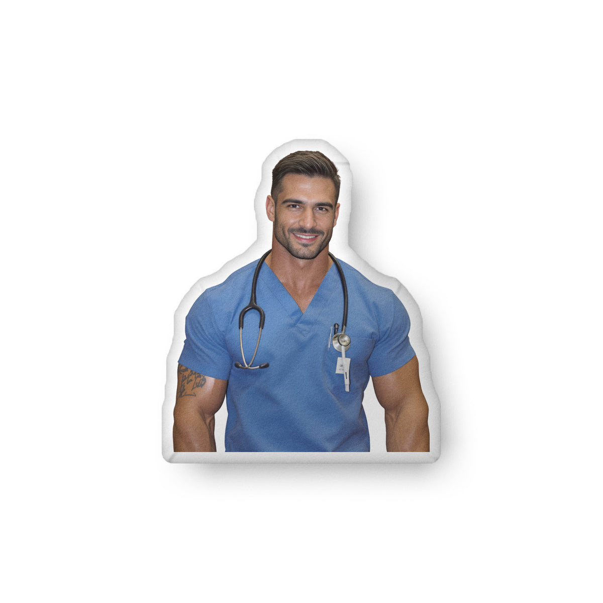 Custom-shaped book boyfriend pillow featuring a handsome medical romance hero wearing blue scrubs and a stethoscope, styled as a nurse character with a calm, confident expression. Designed for romance readers who love caregiver tropes, medical romance aesthetics, and cozy bookish home decor from Hubba Hubba Romance. Available in three sizes: 10″ × 10″, 16″ × 16″, and 22″ × 22″.
