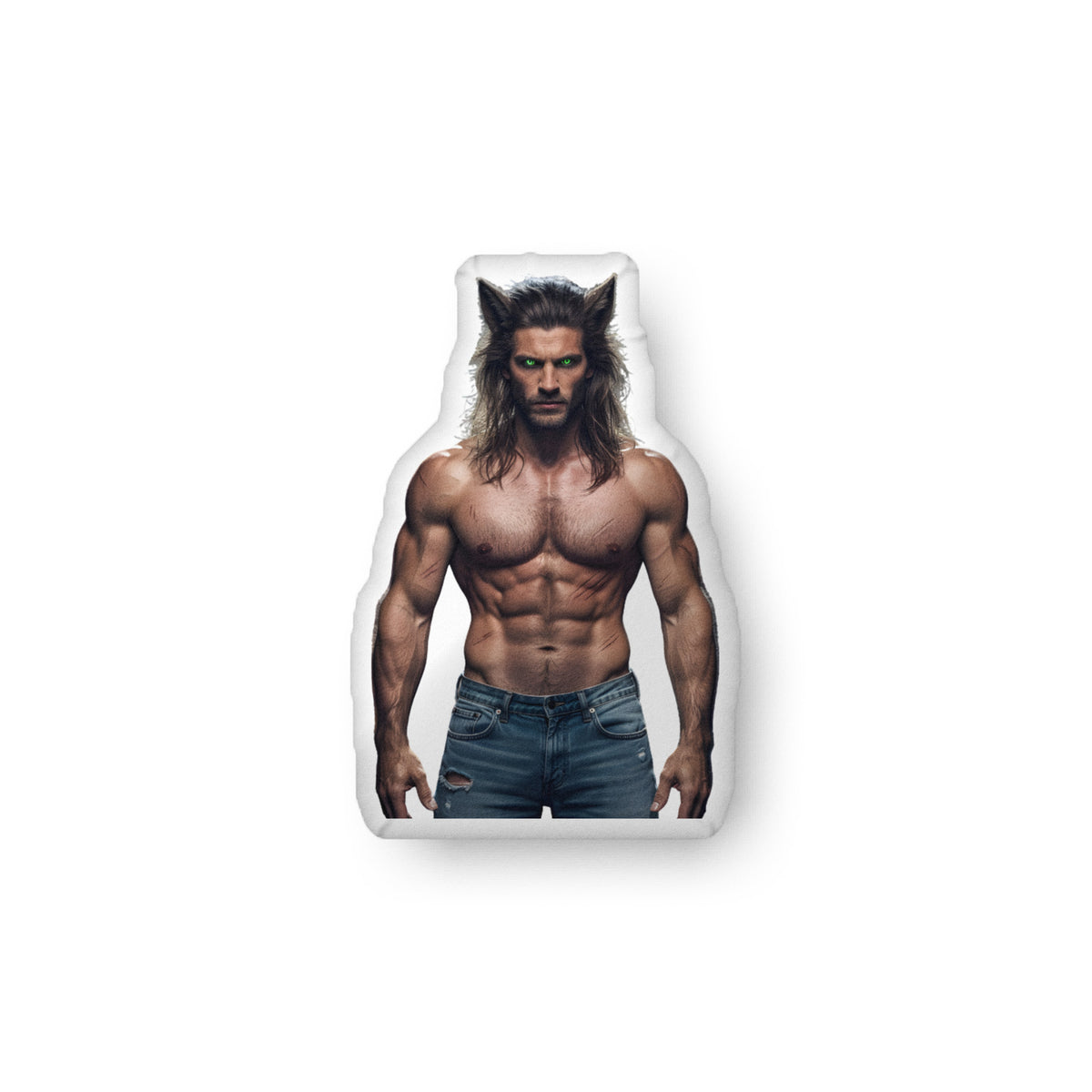 Custom-shaped decorative pillow featuring The Werewolf, a paranormal romance book boyfriend with long dark hair, glowing eyes, wolf ears, and a muscular build, shown shirtless and wearing jeans. Displayed as a standalone pillow against a dark background. This paranormal romance book boyfriend pillow is available in three sizes (10" x 10", 16" x 16", and 22" x 22").