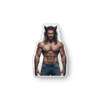 Custom-shaped decorative pillow featuring The Werewolf, a paranormal romance book boyfriend with long dark hair, glowing eyes, wolf ears, and a muscular build, shown shirtless and wearing jeans. Displayed as a standalone pillow against a dark background. This paranormal romance book boyfriend pillow is available in three sizes (10" x 10", 16" x 16", and 22" x 22").