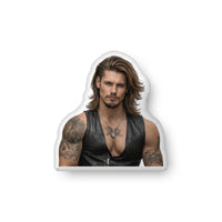 Custom-shaped romance book boyfriend pillow featuring a tattooed motorcycle outlaw with long hair and a leather vest, shown as a decorative throw pillow available in 10" x 10", 16" x 16", and 22" x 22" sizes for romance readers who love bad boy and outlaw romance heroes.