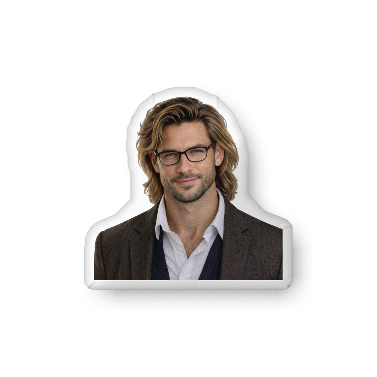Custom-shaped decorative pillow featuring The Professor, an academic romance book boyfriend with glasses, shoulder-length hair, light stubble, and a confident expression, wearing a tailored jacket over a button-down shirt. Shown as a standalone pillow against a neutral background. This academic romance book boyfriend pillow is available in three sizes (10" x 10", 16" x 16", and 22" x 22").

