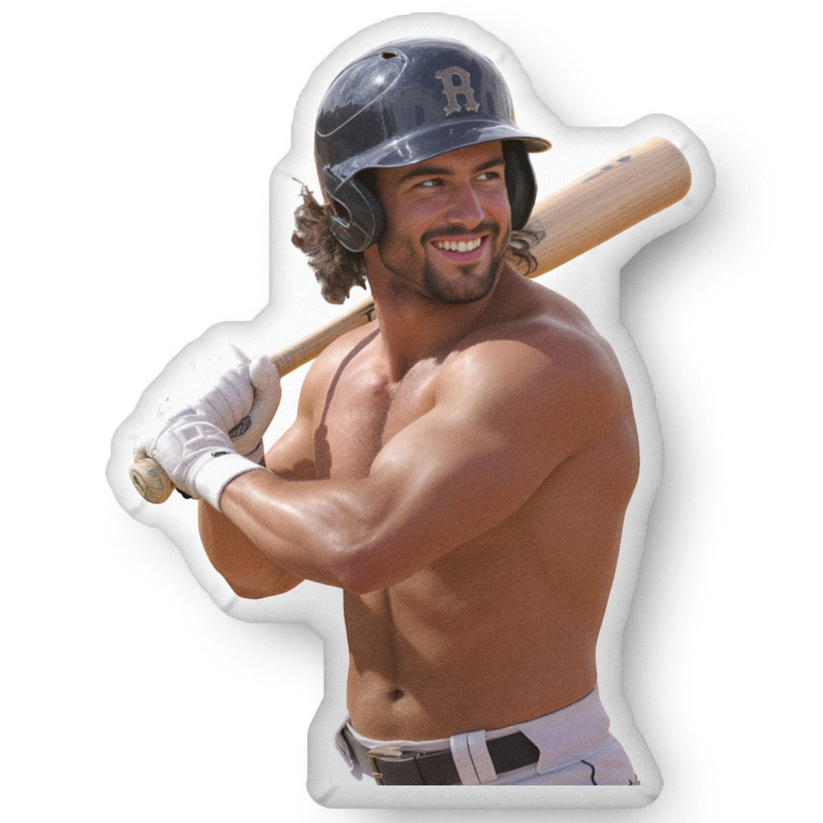 Decorative throw pillow featuring a handsome baseball book boyfriend with dark hair and an athletic build, wearing a batting helmet and holding a baseball bat, shirtless and smiling confidently.This sports romance decorative pillow for romance readers is available in three sizes (10" x 10", 16" x 16", and 22" x 22") for beds, couches, and reading chairs.