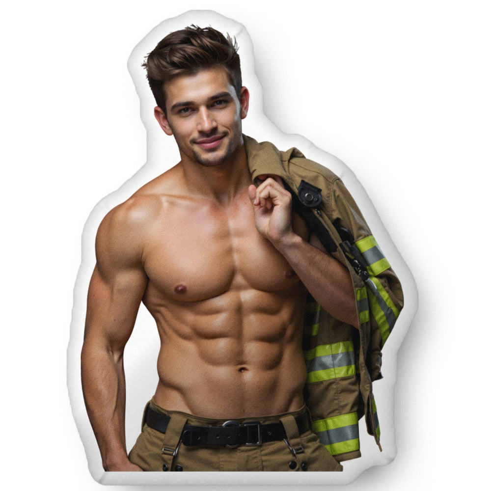 Custom shaped firefighter romance book boyfriend pillow featuring a muscular shirtless firefighter holding his jacket over his shoulder, designed for romance readers and bookish home decor. Available in three sizes: 10″ × 10″, 16″ × 16″, and 22″ × 22″.