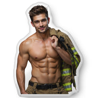 Custom shaped firefighter romance book boyfriend pillow featuring a muscular shirtless firefighter holding his jacket over his shoulder, designed for romance readers and bookish home decor. Available in three sizes: 10″ × 10″, 16″ × 16″, and 22″ × 22″.