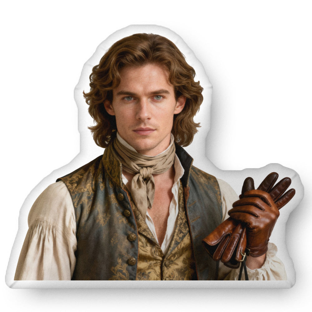 Custom-shaped book boyfriend pillow featuring a Regency-era gentleman with wavy brown hair, wearing a brocade waistcoat and cream shirt, holding leather gloves. Historical romance character styled as an intelligent, calculating aristocrat from Regency romance novels.Available in three sizes: 10″ × 10″, 16″ × 16″, and 22″ × 22″.