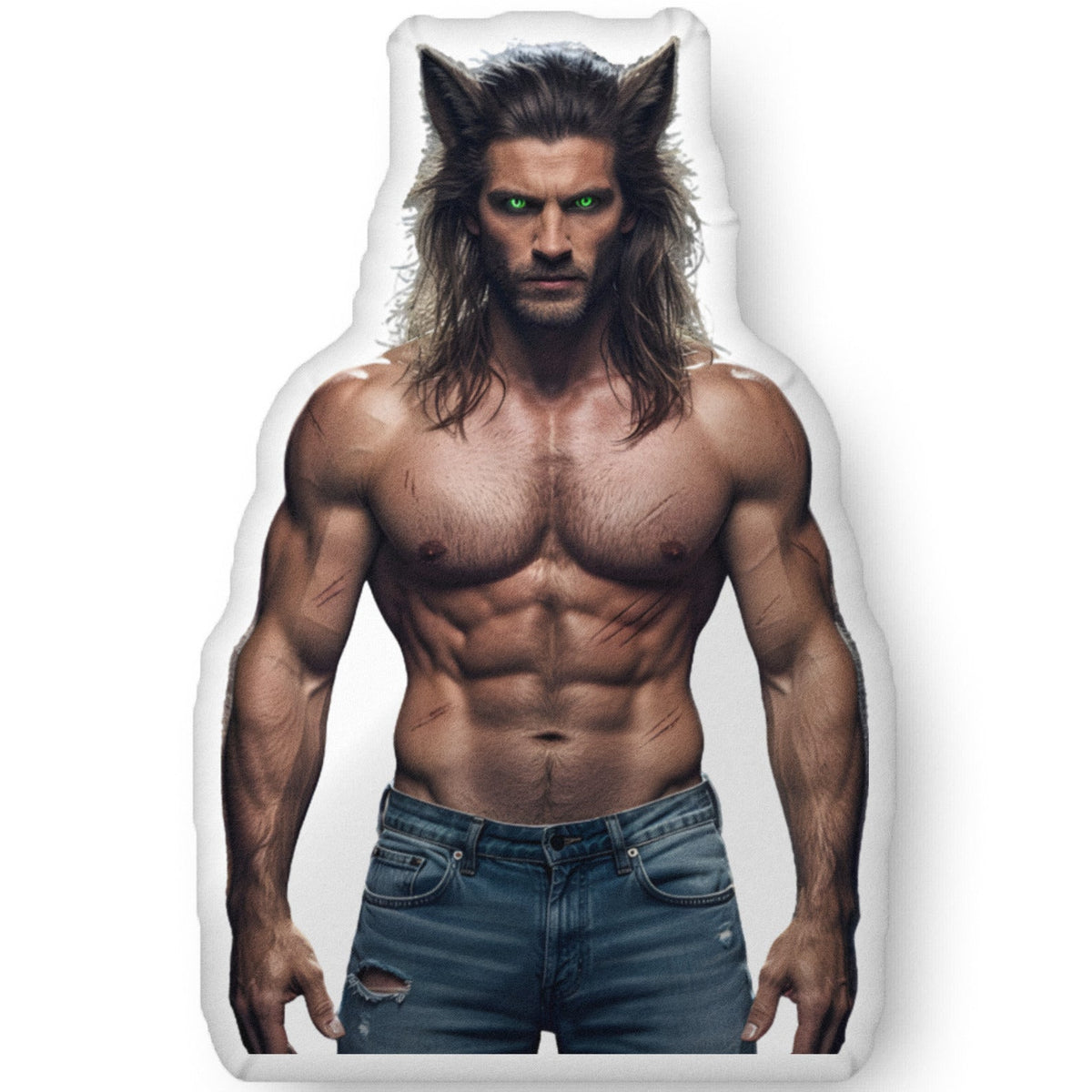 Custom-shaped decorative pillow featuring The Werewolf, a paranormal romance book boyfriend with long dark hair, glowing eyes, wolf ears, and a muscular build, shown shirtless and wearing jeans. Displayed as a standalone pillow against a dark background. This paranormal romance book boyfriend pillow is available in three sizes (10" x 10", 16" x 16", and 22" x 22").