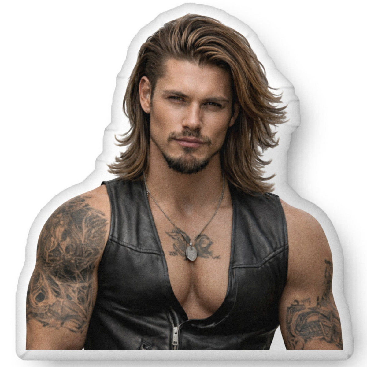 Custom-shaped romance book boyfriend pillow featuring a tattooed motorcycle outlaw with long hair and a leather vest, shown as a decorative throw pillow available in 10" x 10", 16" x 16", and 22" x 22" sizes for romance readers who love bad boy and outlaw romance heroes.