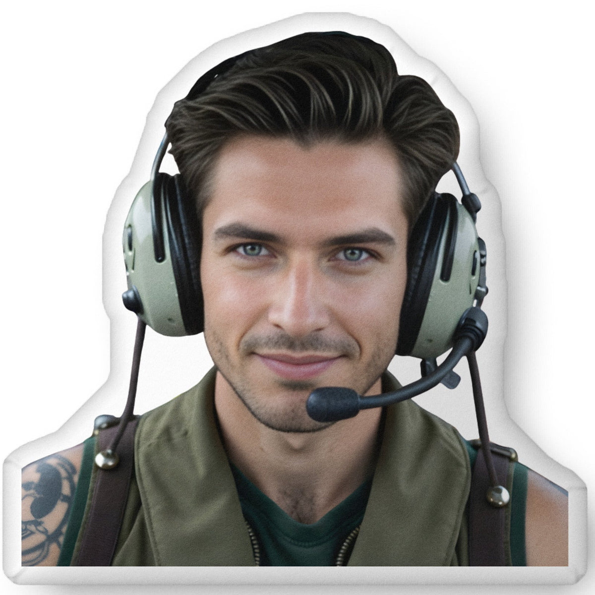 Custom-shaped decorative pillow featuring The Fighter Pilot, a military romance book boyfriend with dark hair, striking eyes, and a confident smile, wearing a flight headset and tactical vest. Shown as a standalone pillow against a neutral background. This military romance book boyfriend pillow is available in three sizes (10" x 10", 16" x 16", and 22" x 22").