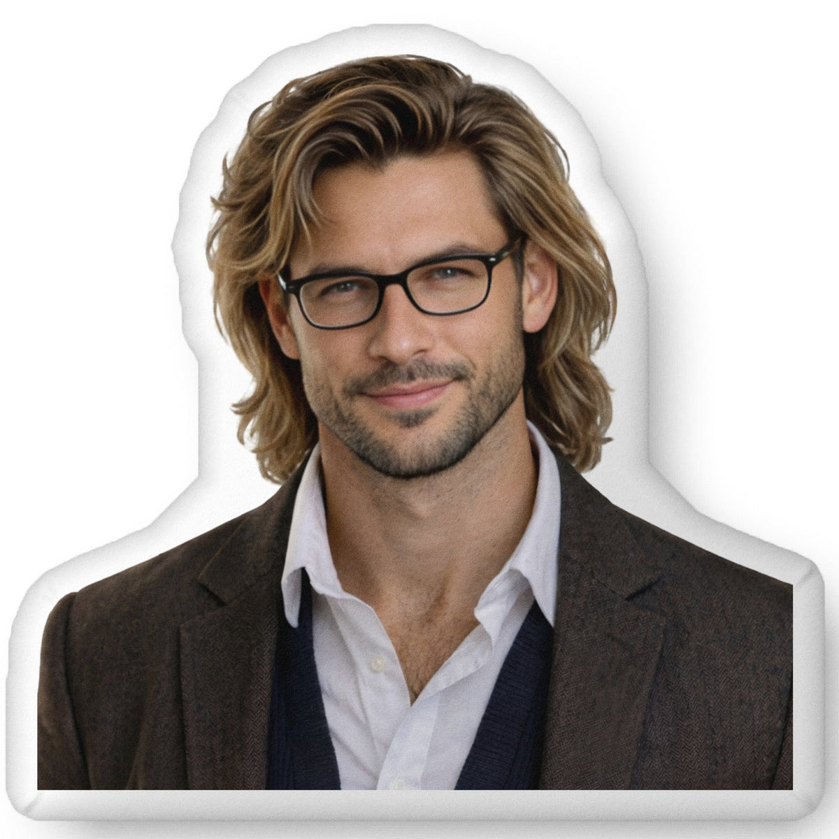 Custom-shaped decorative pillow featuring The Professor, an academic romance book boyfriend with glasses, shoulder-length hair, light stubble, and a confident expression, wearing a tailored jacket over a button-down shirt. Shown as a standalone pillow against a neutral background. This academic romance book boyfriend pillow is available in three sizes (10" x 10", 16" x 16", and 22" x 22").
