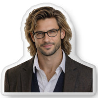 Custom-shaped decorative pillow featuring The Professor, an academic romance book boyfriend with glasses, shoulder-length hair, light stubble, and a confident expression, wearing a tailored jacket over a button-down shirt. Shown as a standalone pillow against a neutral background. This academic romance book boyfriend pillow is available in three sizes (10" x 10", 16" x 16", and 22" x 22").